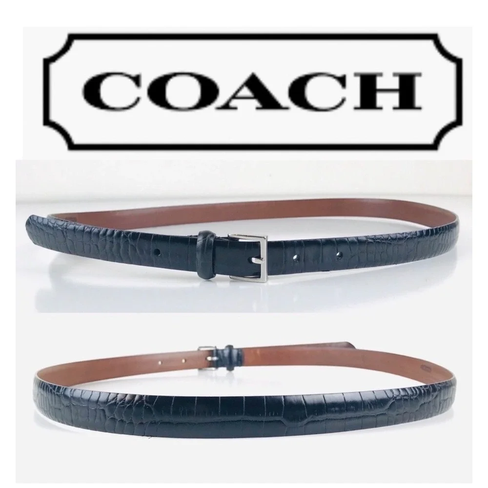 Coach Black Crocodile Embossed Leather Belt 3764 Silver Buckle 32 80cm